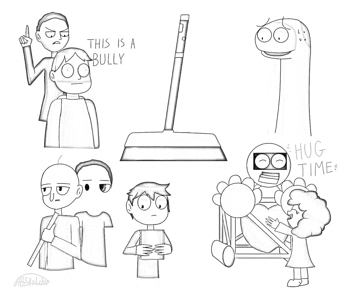 Раскраска Персонажи из Балди: это хулиган, карандаш, носок, преподаватель с указкой, мальчик со смартфоном, обнимашка с роботом и девочкой