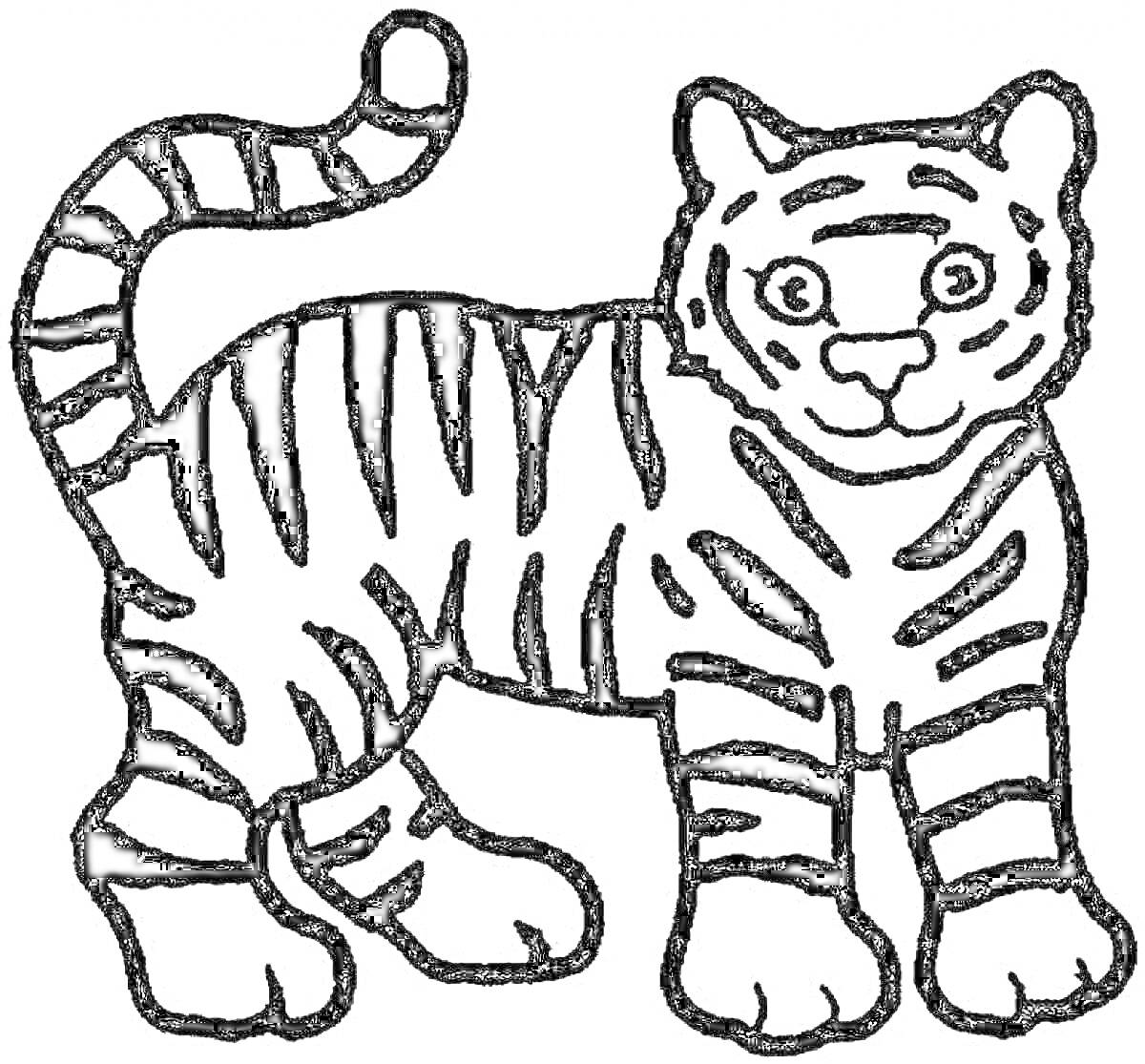 Раскраска Тигр с полосками и поднятым хвостом для раскрашивания