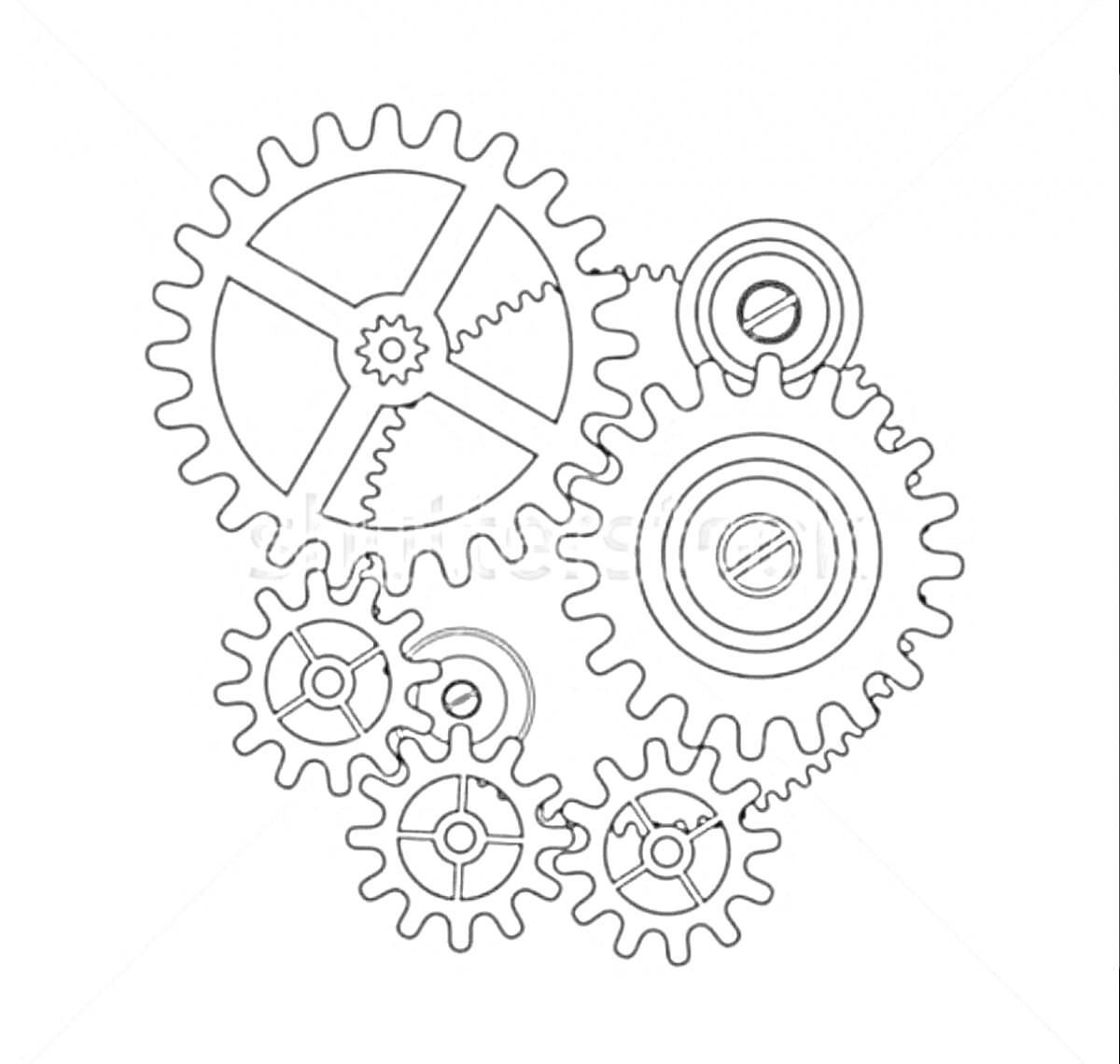 Раскраска Шестереночный механизм с различными типами шестеренок