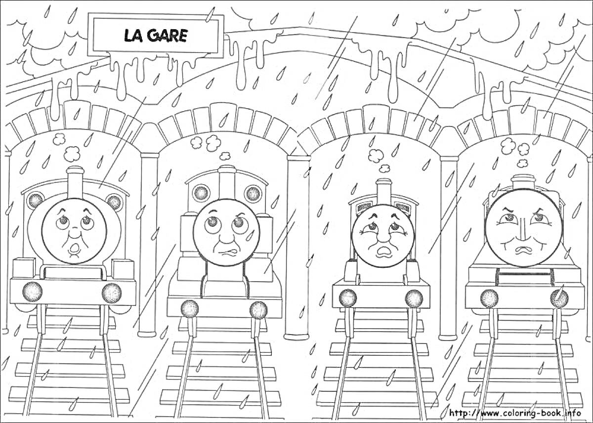 На раскраске изображено: Вокзал, Дождь, Железная дорога, Из мультфильмов, Поезд, Арка, Томас и его друзья