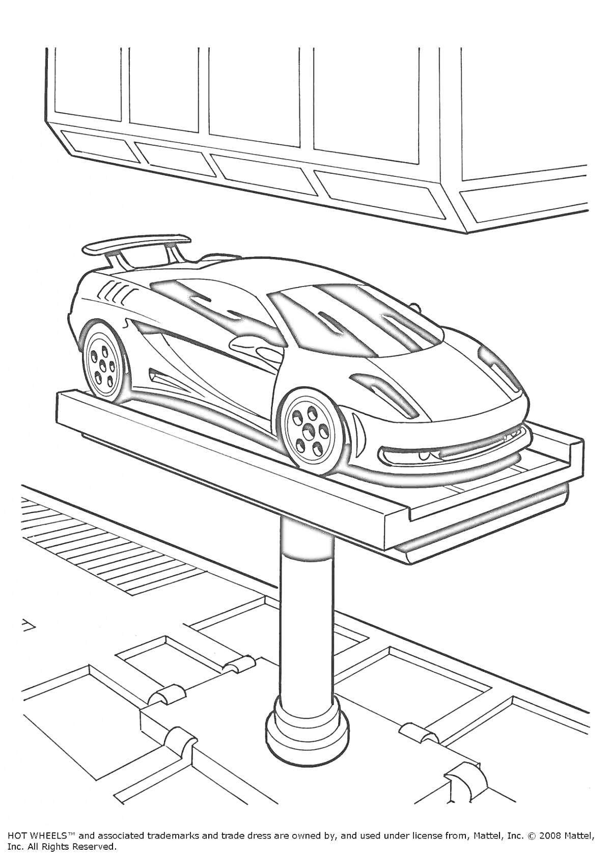 Раскраска Спортивный автомобиль на подъемнике в паркинге
