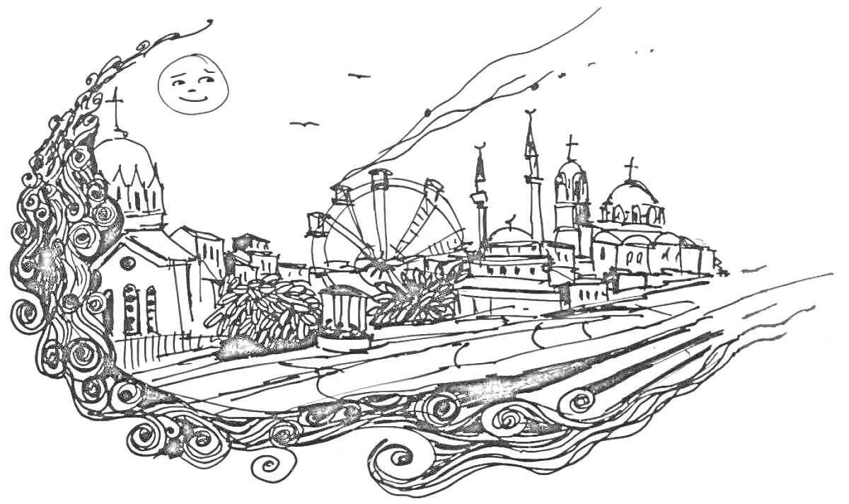 Раскраска Городской пейзаж Крыма с церквями, мечетью, колесом обозрения и набережной