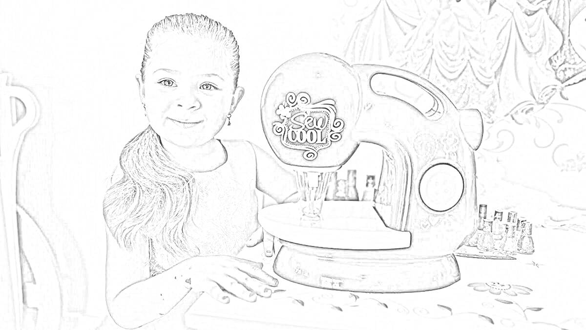 Раскраска Девочка с игрушечной кофемашиной, на столе находится ряд флаконов и роспись на стене позади.
