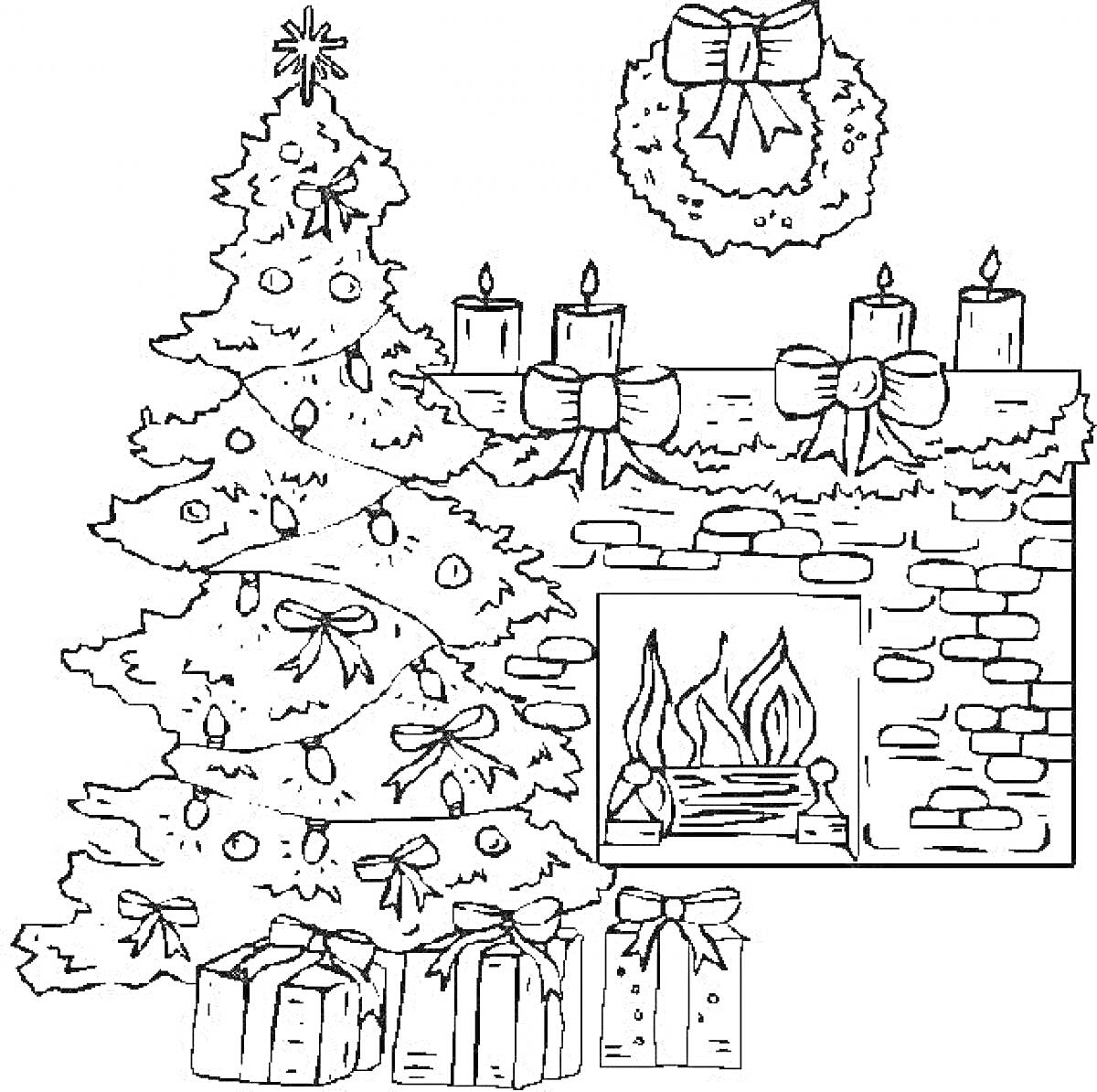 Раскраска Новогодний камин с украшенной ёлкой, подарками, рождественским венком и свечами на каминной полке