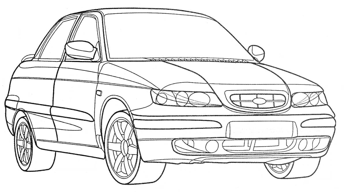 Раскраска Легковой автомобиль с фарами, передним бампером, боковыми зеркалами и капотом