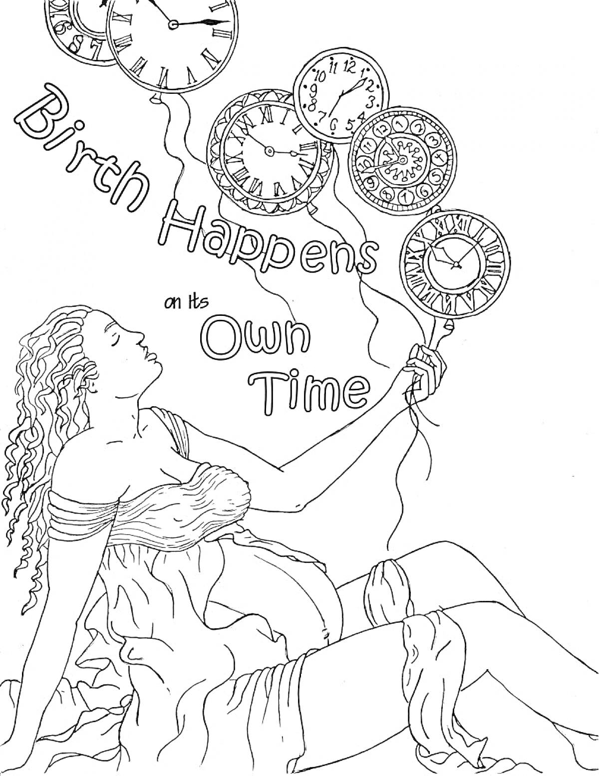 На раскраске изображено: Беременность, Ожидание, Часы, Воздушные шары, Время, Спокойствие, Женщина, Надпись