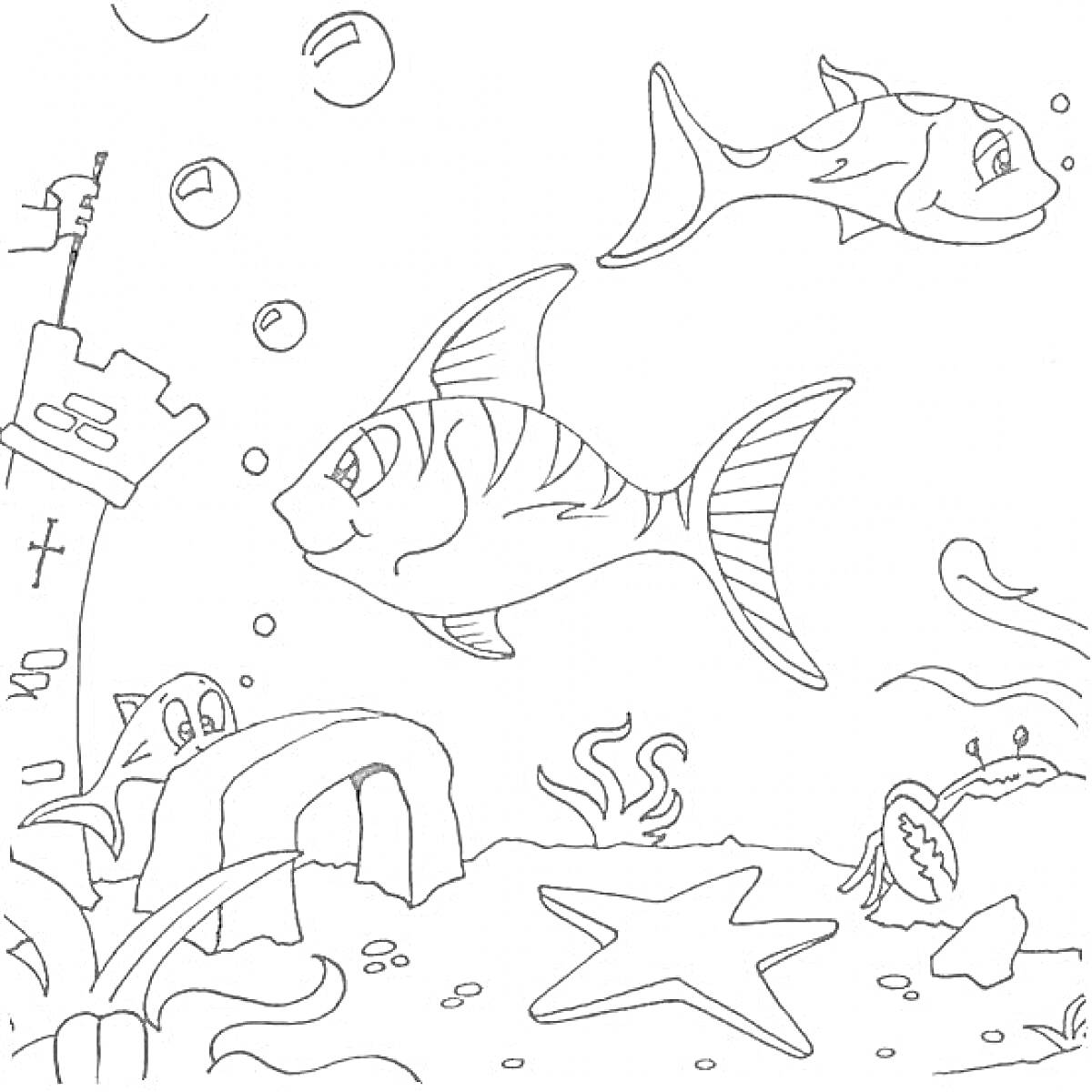 Раскраска Рыбы под водой возле замка, звезда и краб, водоросли, воздушные пузыри