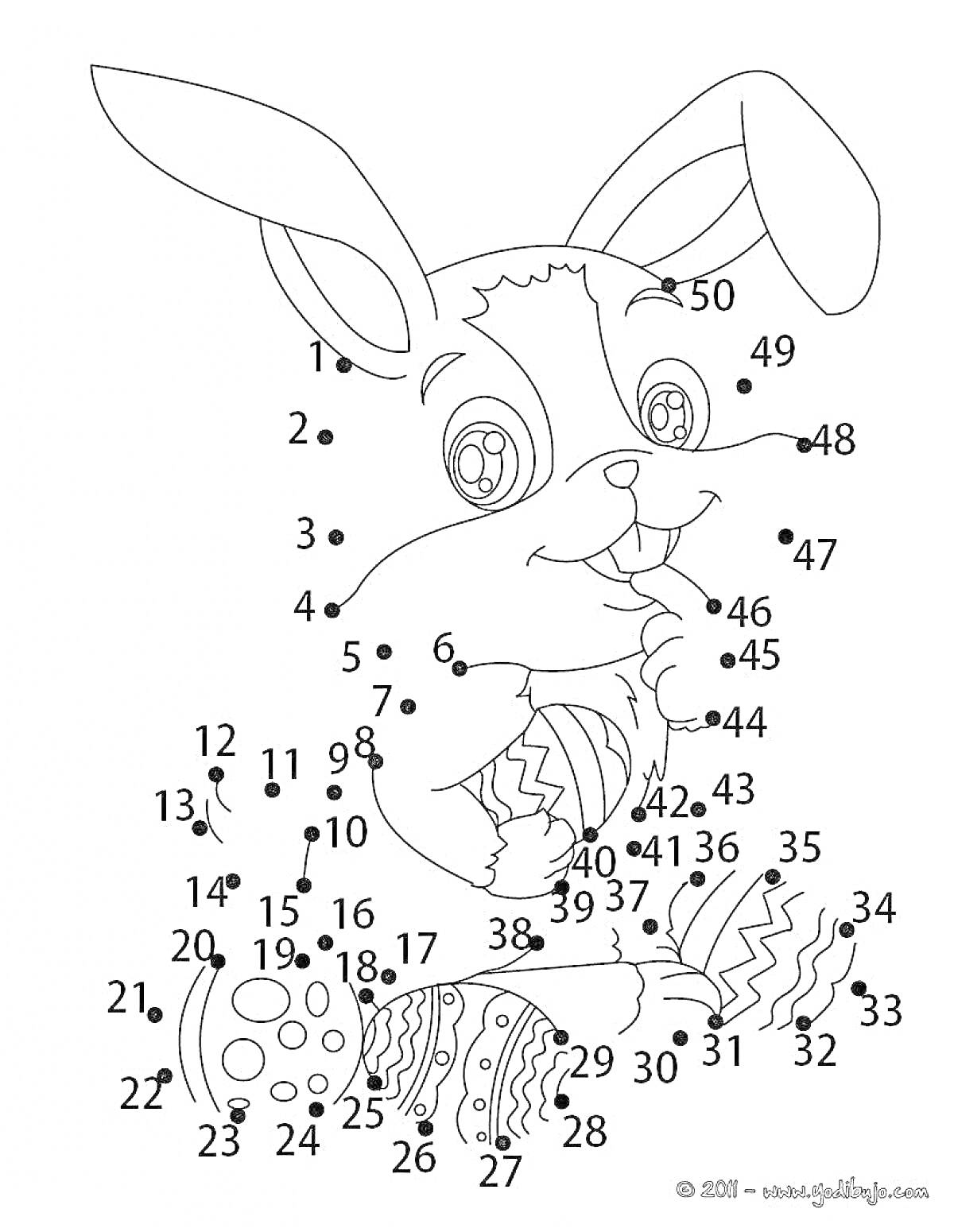 На раскраске изображено: Заяц, По номерам, Пасхальные яйца, Пасха, Кролик, Цифры