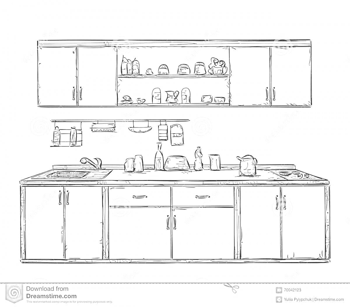 Раскраска Кухонный гарнитур с раковиной, шкафами, полками и бытовыми приборами