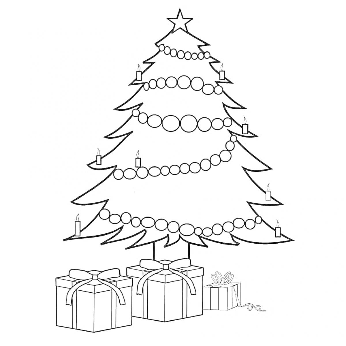 На раскраске изображено: Рождественская елка, Игрушки, Свечи, Подарки, Новый год, Рождество, Гирлянда, Звезды, Бант, Елки, Праздники, Шары