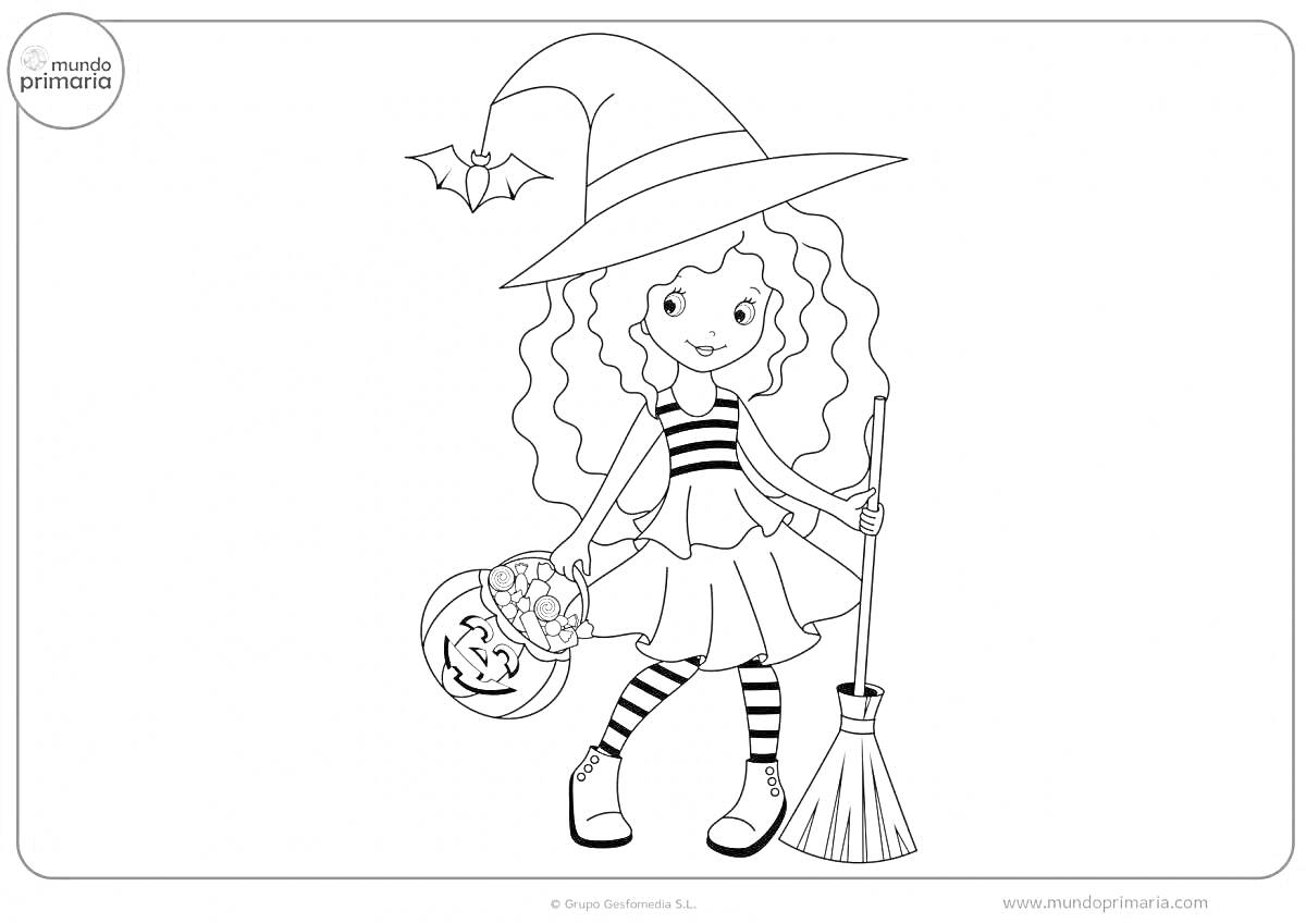 На раскраске изображено: Хэллоуин, Девочка, Ведьма, Метла, Тыква, Летучая мышь, Костюм, Шляпа