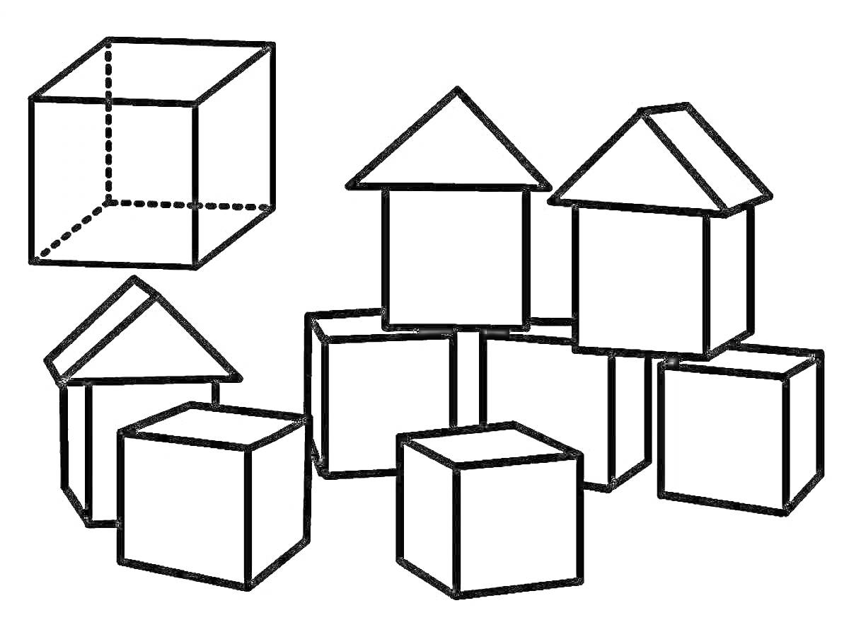 Раскраска Конструктор из деревянных кубов с крышами
