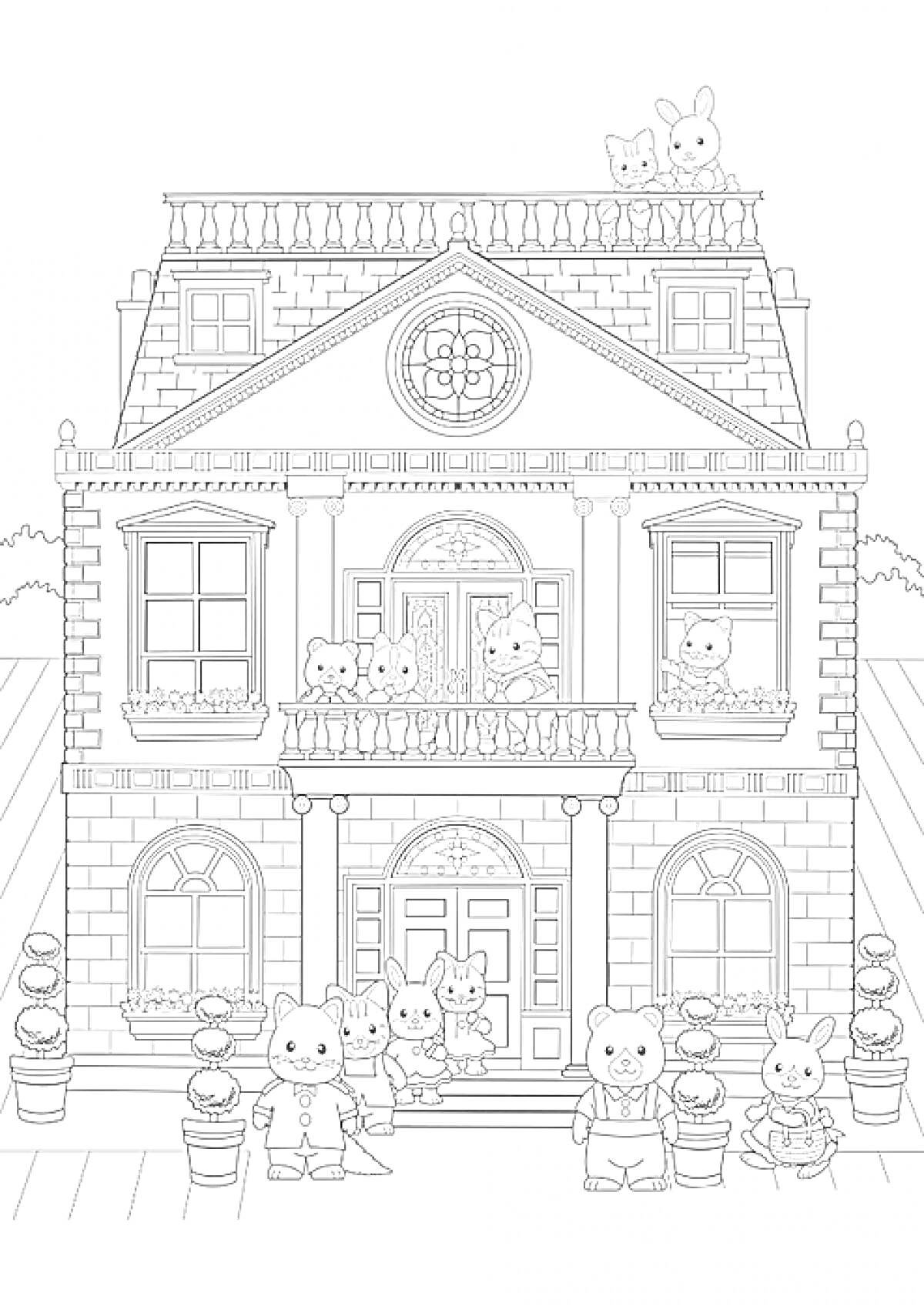 Раскраска Большой дом с множеством животных на разных этажах и балконах, горшки с цветами, две лестницы