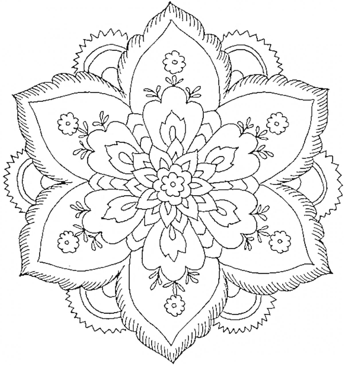 На раскраске изображено: Мандала, Цветы, Лепестки, Декоративный элемент, Орнамент
