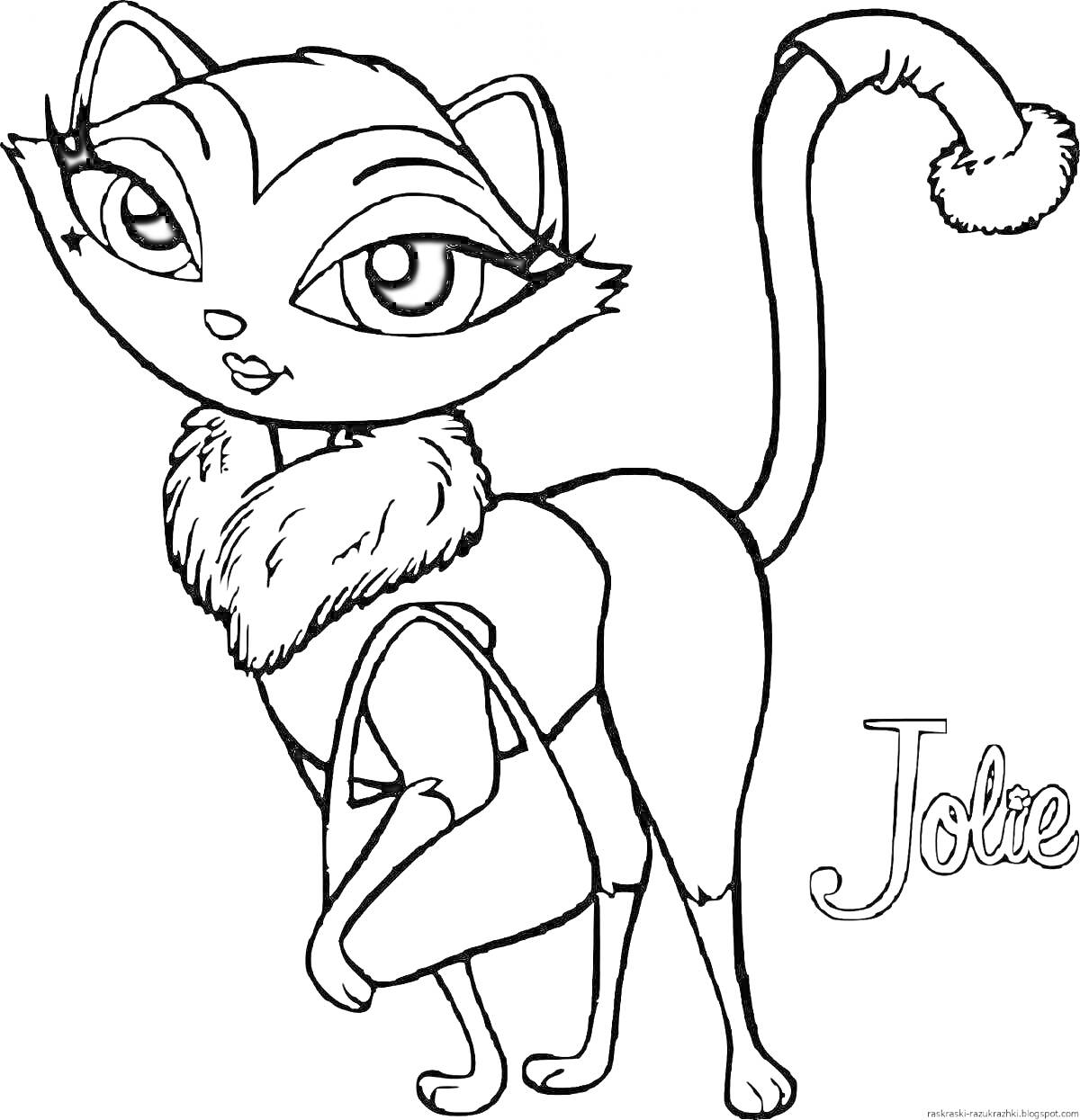 Раскраска Кошечка Анжела с пушистым воротником и сумочкой, надпись Jolie