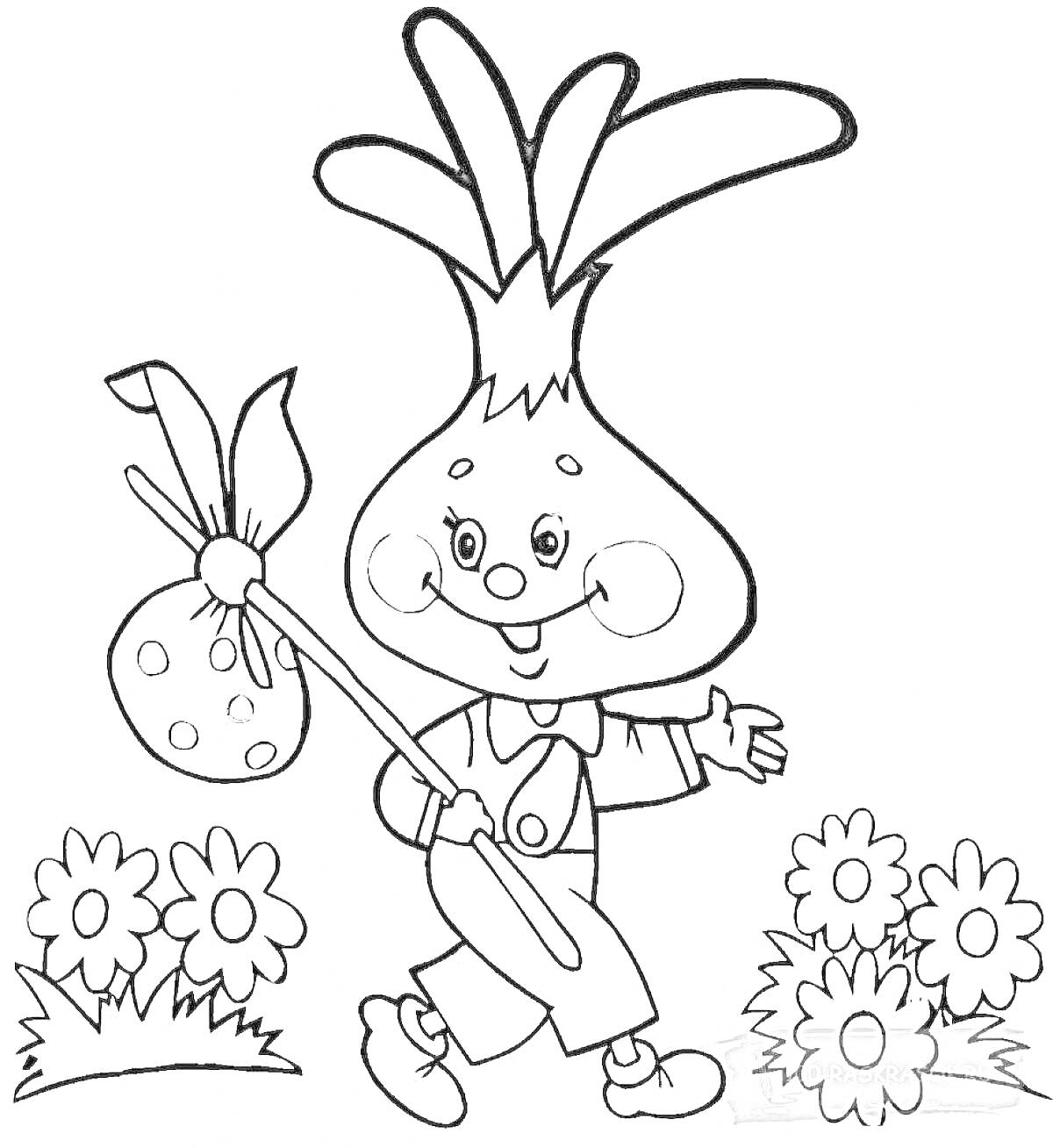 Раскраска Сказочный герой-луковичка с мешочком, цветы, трава, лужица