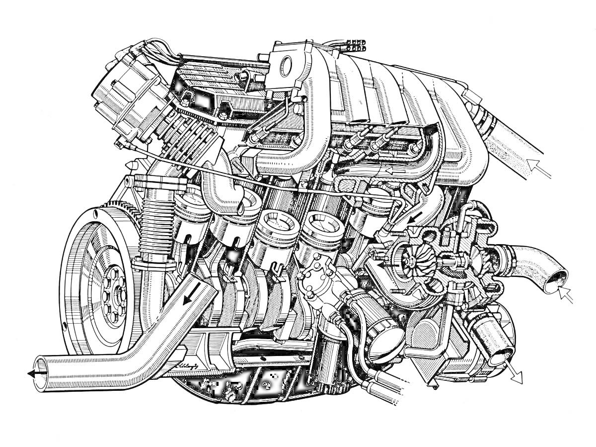 Раскраска Автомобильный двигатель с поршнями, цилиндрами, трубопроводами и вентилятором