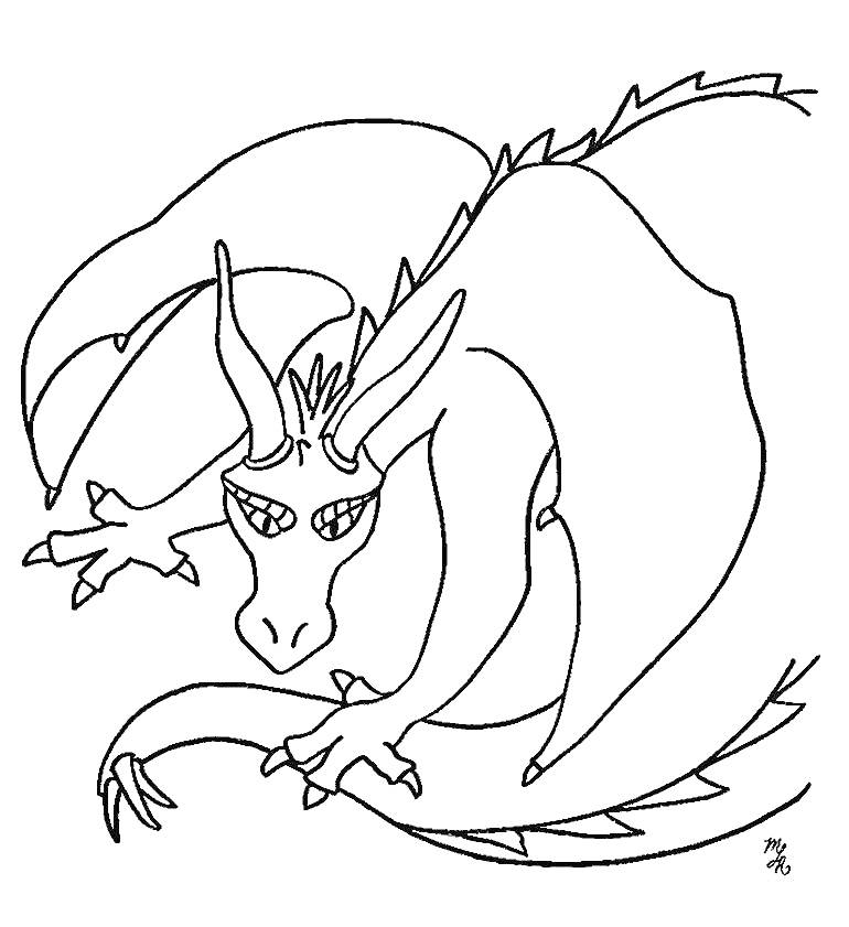 Раскраска Дракон с рогами и крыльями, когтистые лапы, извивающийся хвост