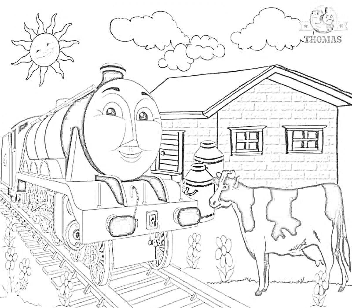 Раскраска Поезд Гордон, корова и дом на ферме
