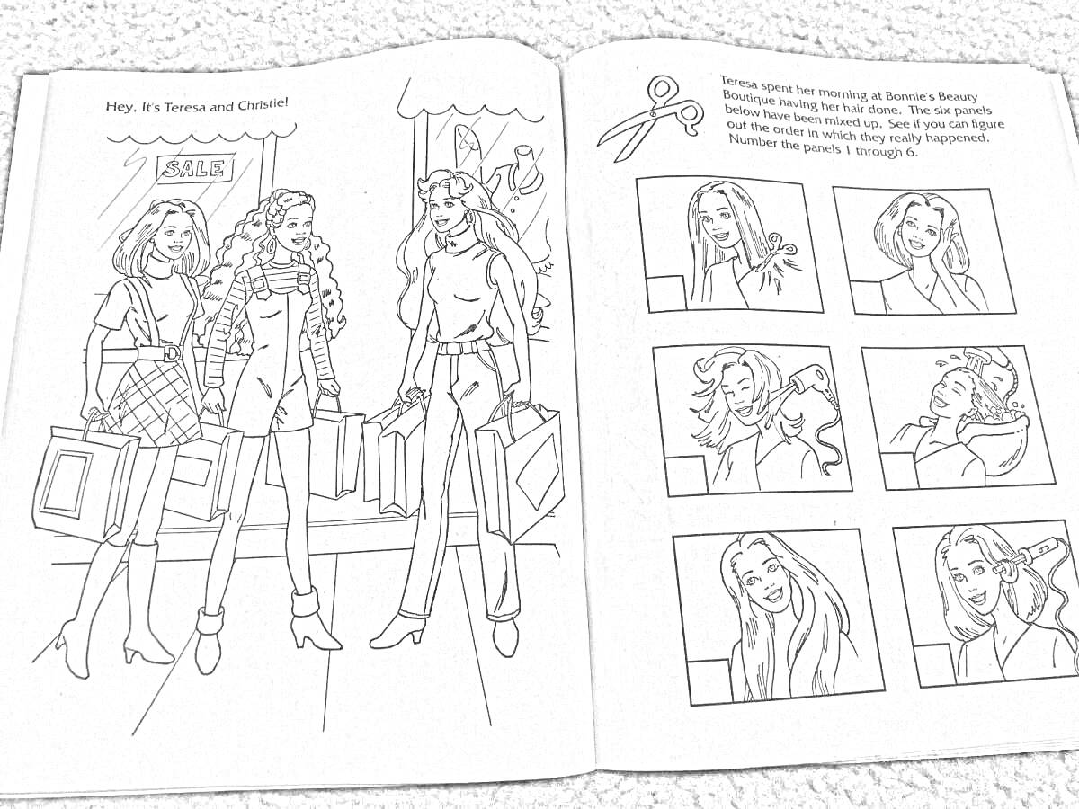 Раскраска Девочки с покупками и инструкции по прическе