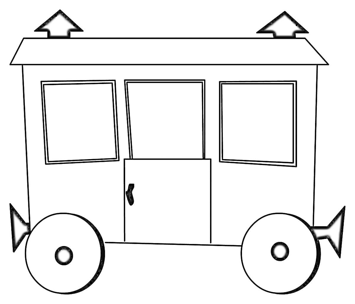 На раскраске изображено: Окна, Дверь, Крыша, Колёса, Детский транспорт, Поезд