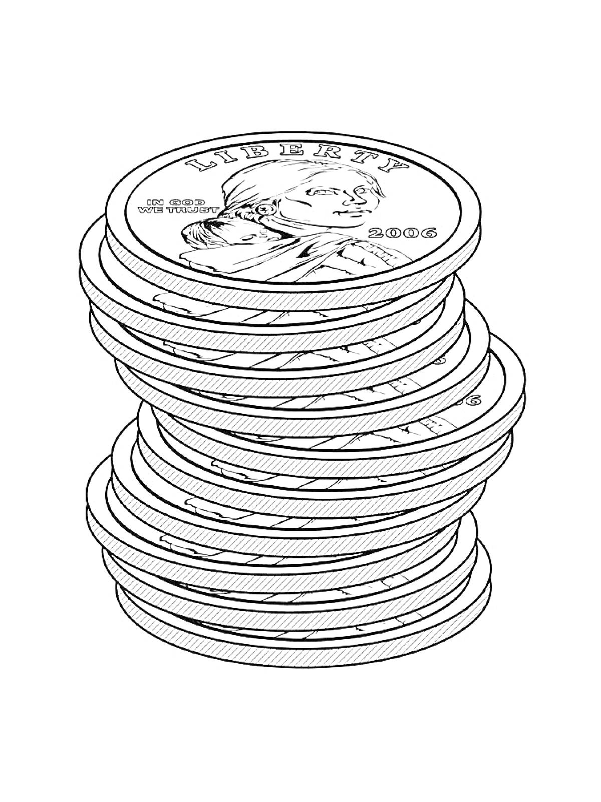 Раскраска Стопка монет с изображением профиля и надписью 