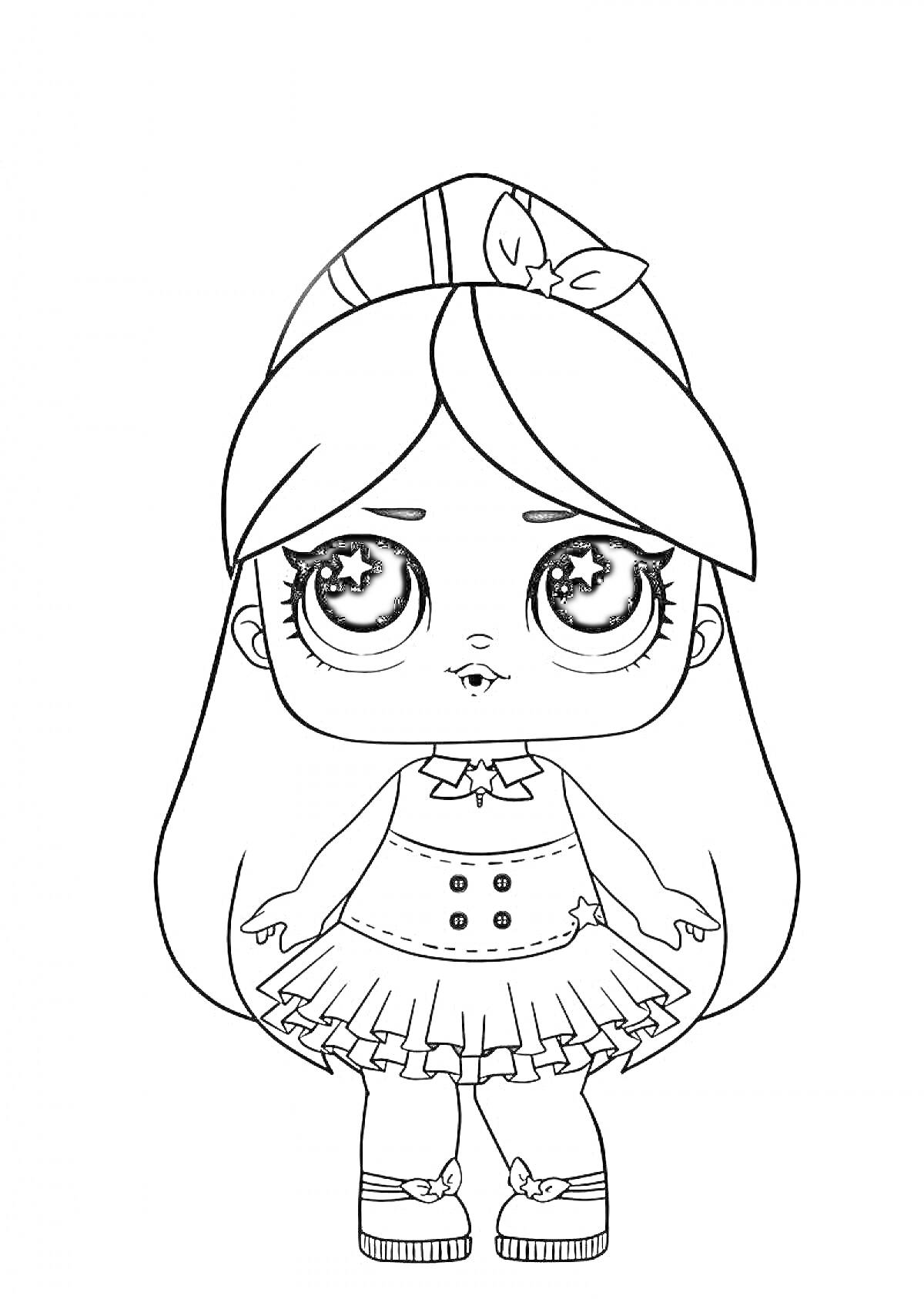 Раскраска Кукла ЛОЛ с длинными волосами, в платье с пуговицами, поясом и бантиком, с повязкой на голове и туфельками