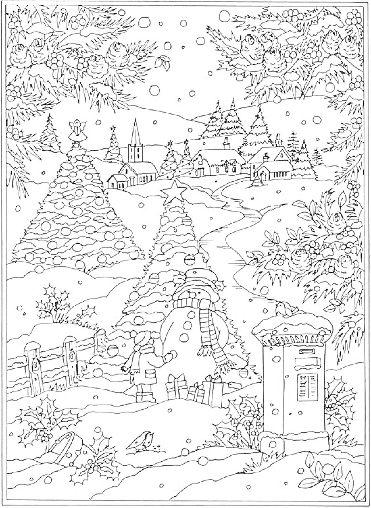 Зимняя деревня с елками, снеговиком и почтовым ящиком