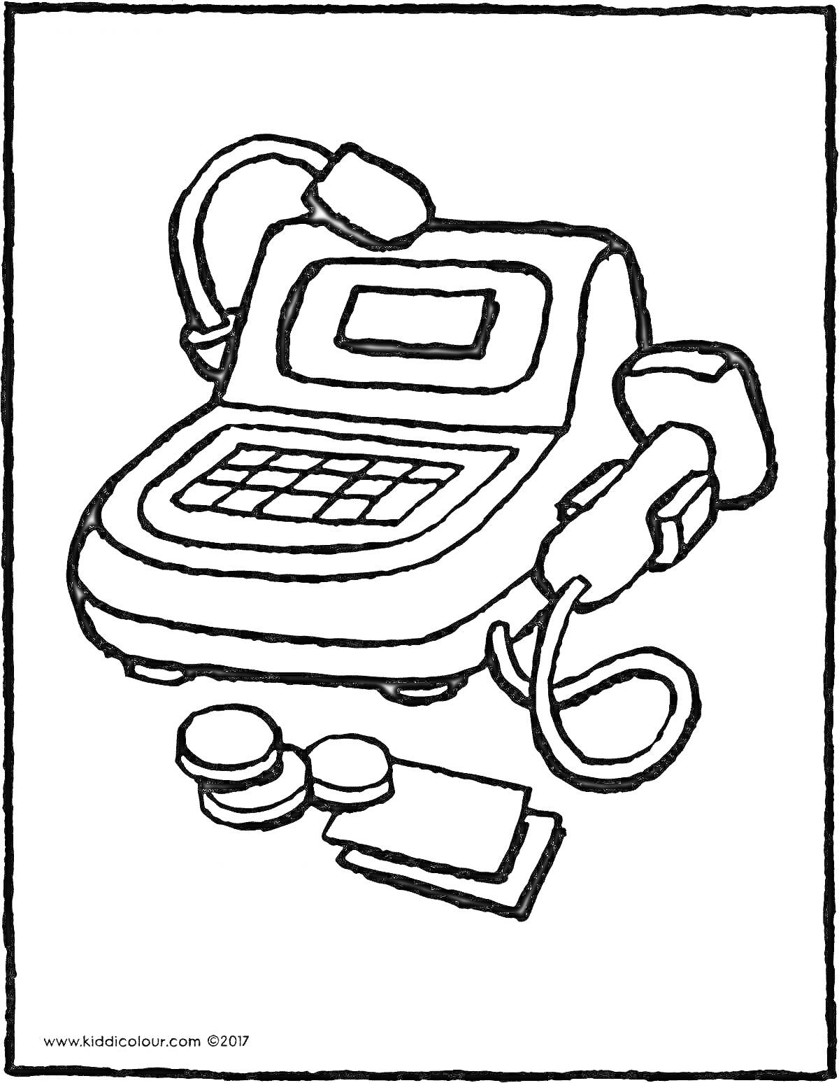 Раскраска Кассовый аппарат с экраном, клавиатурой и считывателем штрих-кодов, две монеты и две купюры