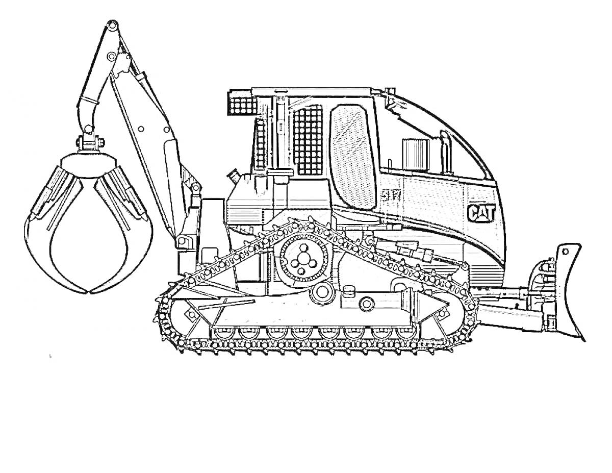 Раскраска Трактор на гусеничном ходу с манипулятором и захватом