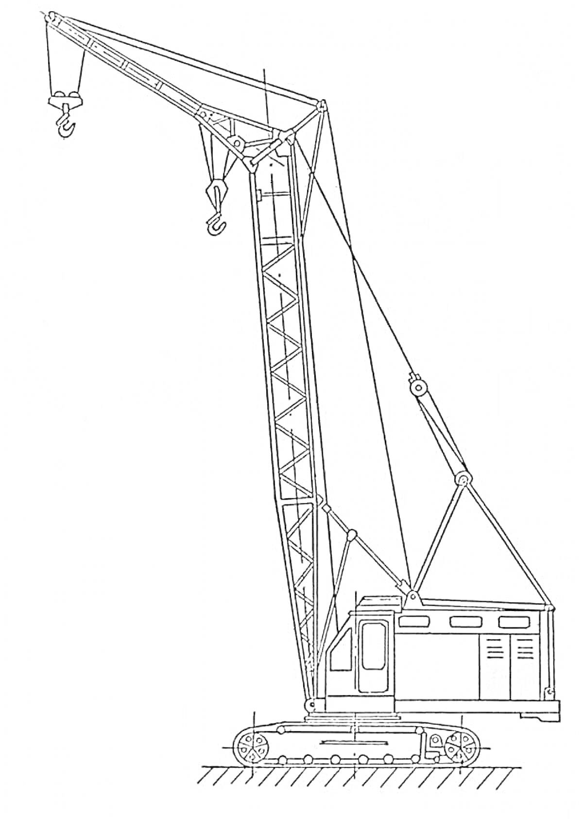 На раскраске изображено: Подъемный кран, Строительная техника, Стрела, Крюки, Строительные машины, Контурные рисунки