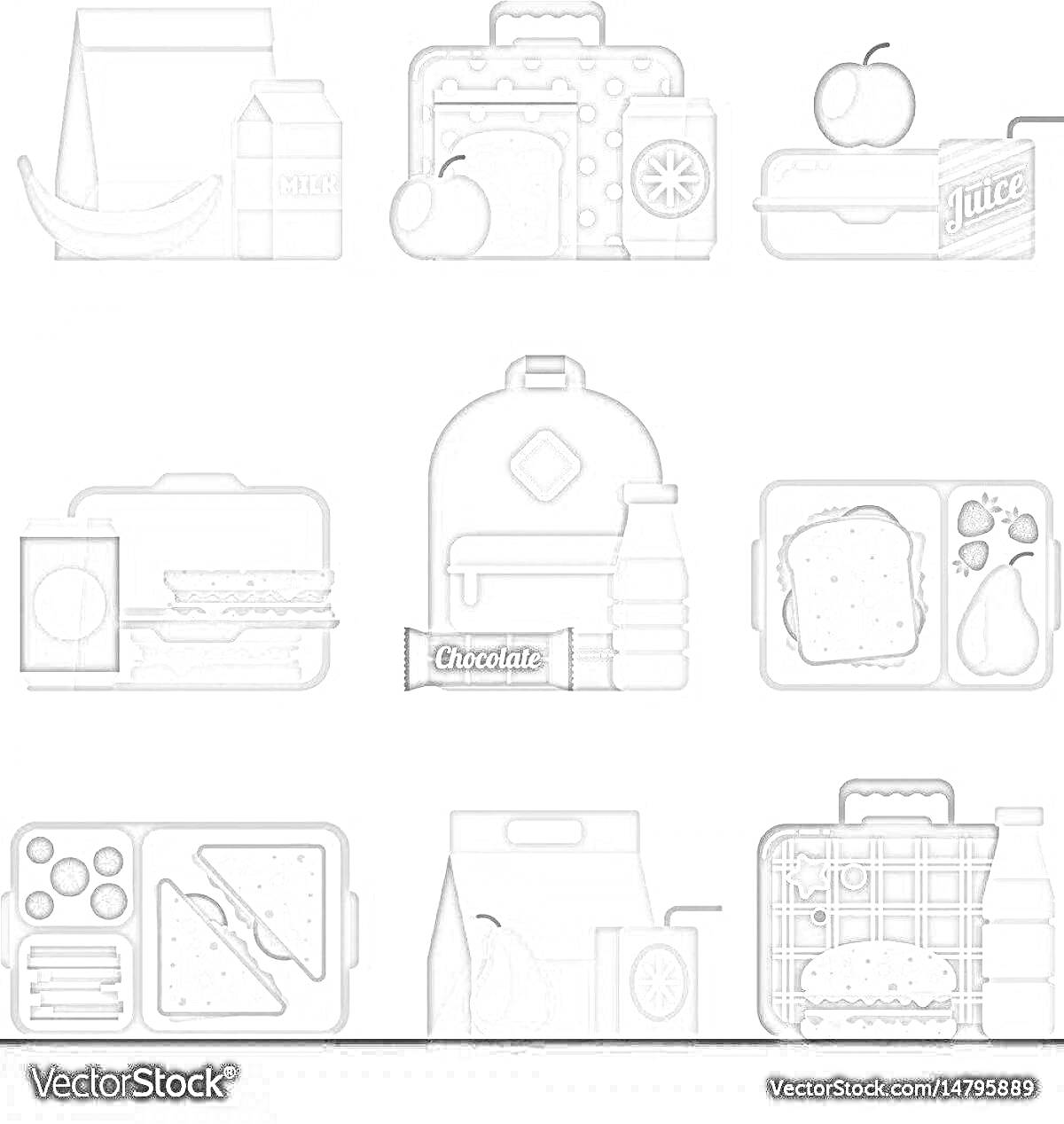 Ланч бокс с различными элементами (сумка, коробка с сендвичами, яблоко, коробка с соком, шоколад, бутылка воды, банан, молоко)