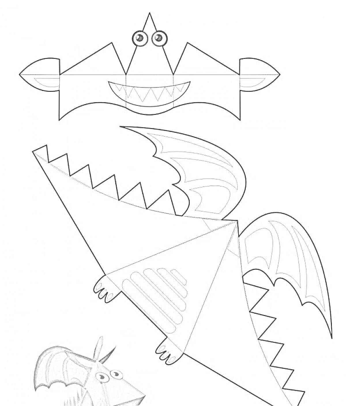 Раскраска Летучая мышь из бумаги с головой, крыльями и треугольным телом.