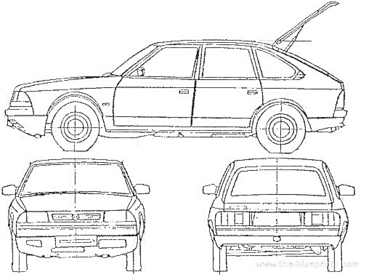 Раскраска Москвич 2141 в трех проекциях с открытым багажником