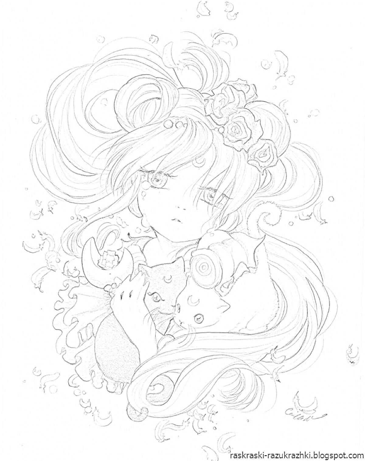 Раскраска Девушка с длинными волосами и цветочными украшениями, обнимает кошек, листья и цветочные лепестки