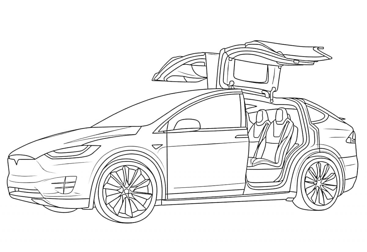 На раскраске изображено: Tesla, Model X, Электромобиль, Транспорт, Открытые двери