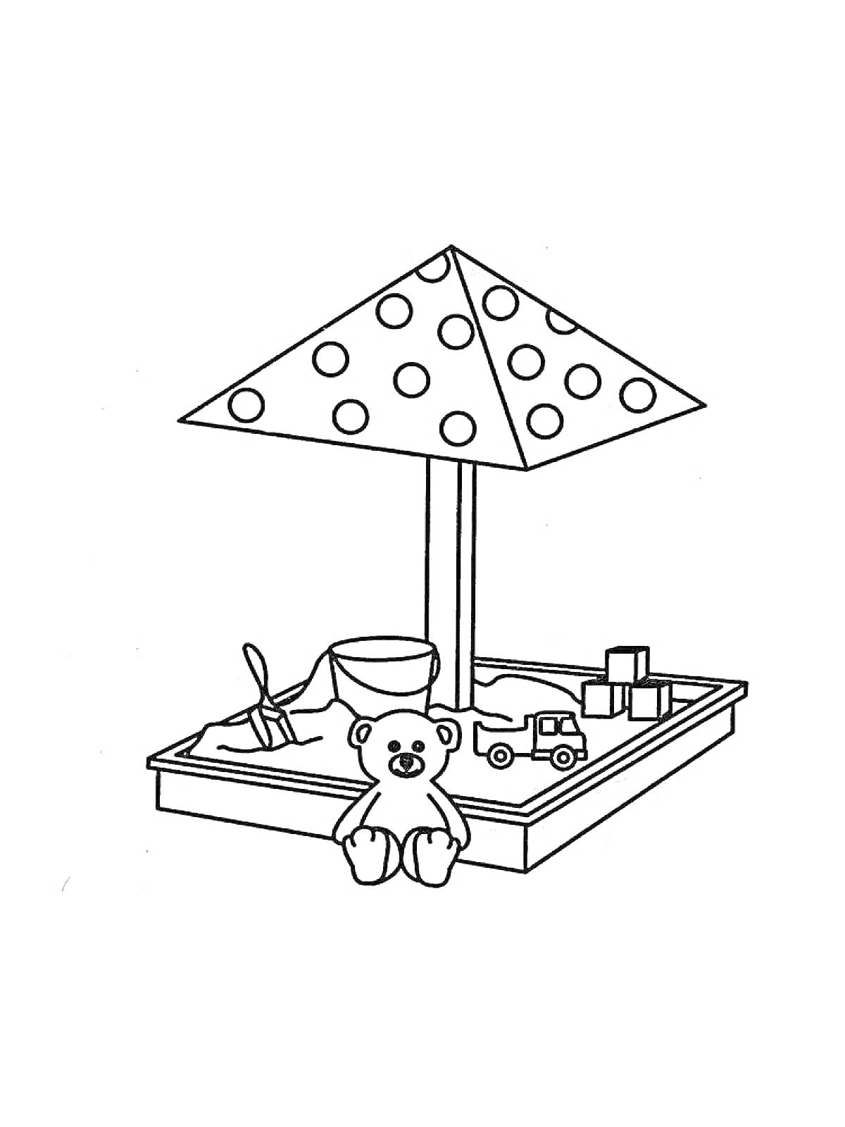 Песочница с игрушками - ведро, лопата, кубики, игрушечный грузовик и плюшевый медведь под зонтом в горошек