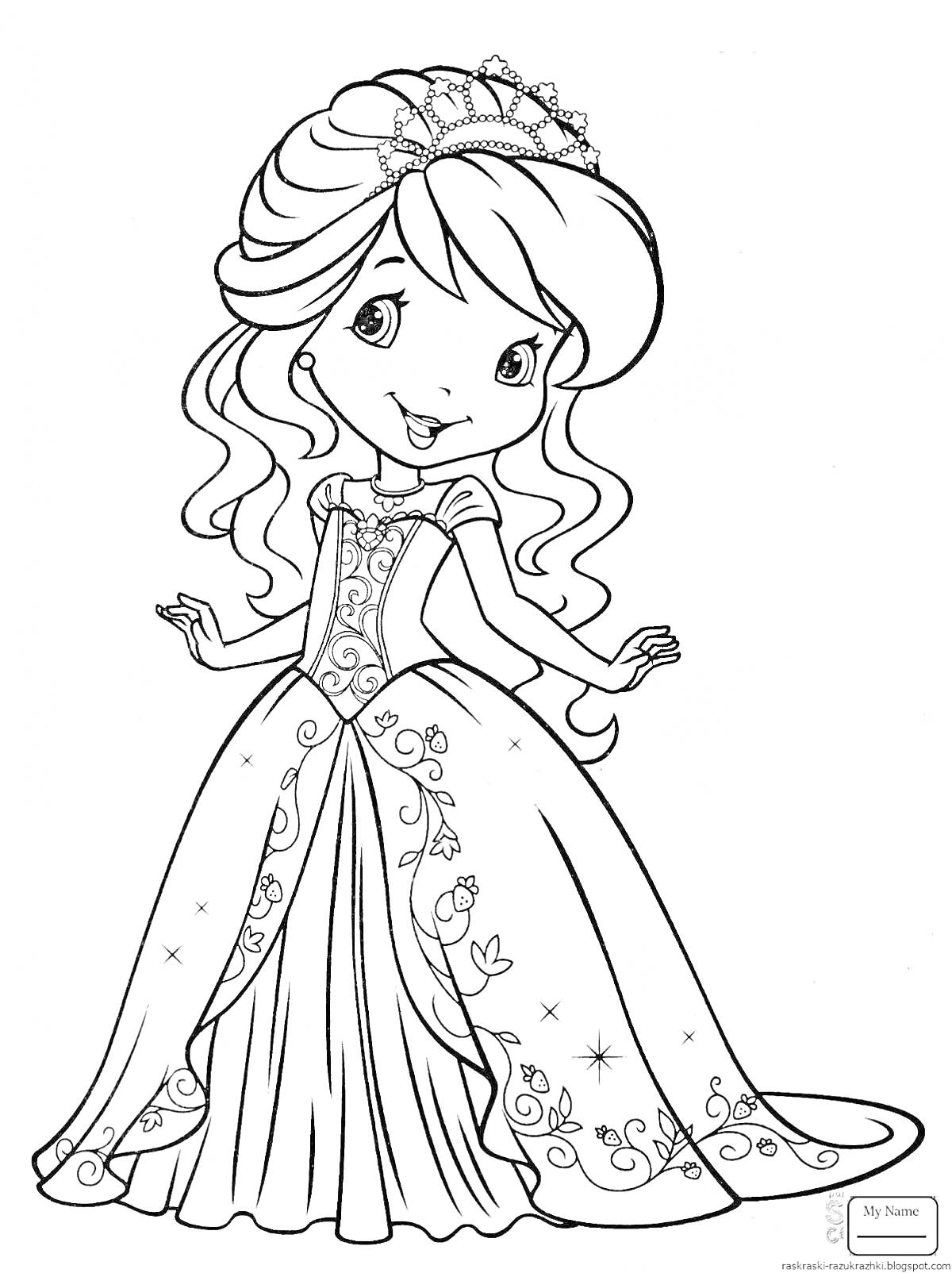Раскраска детская принцесса с короной и длинным платьем с цветочным узором