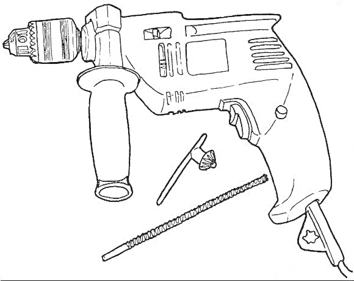 На раскраске изображено: Дрель, Инструмент, Насадка, Ключ, Ручка, Оборудование, Ремонт, Строительство