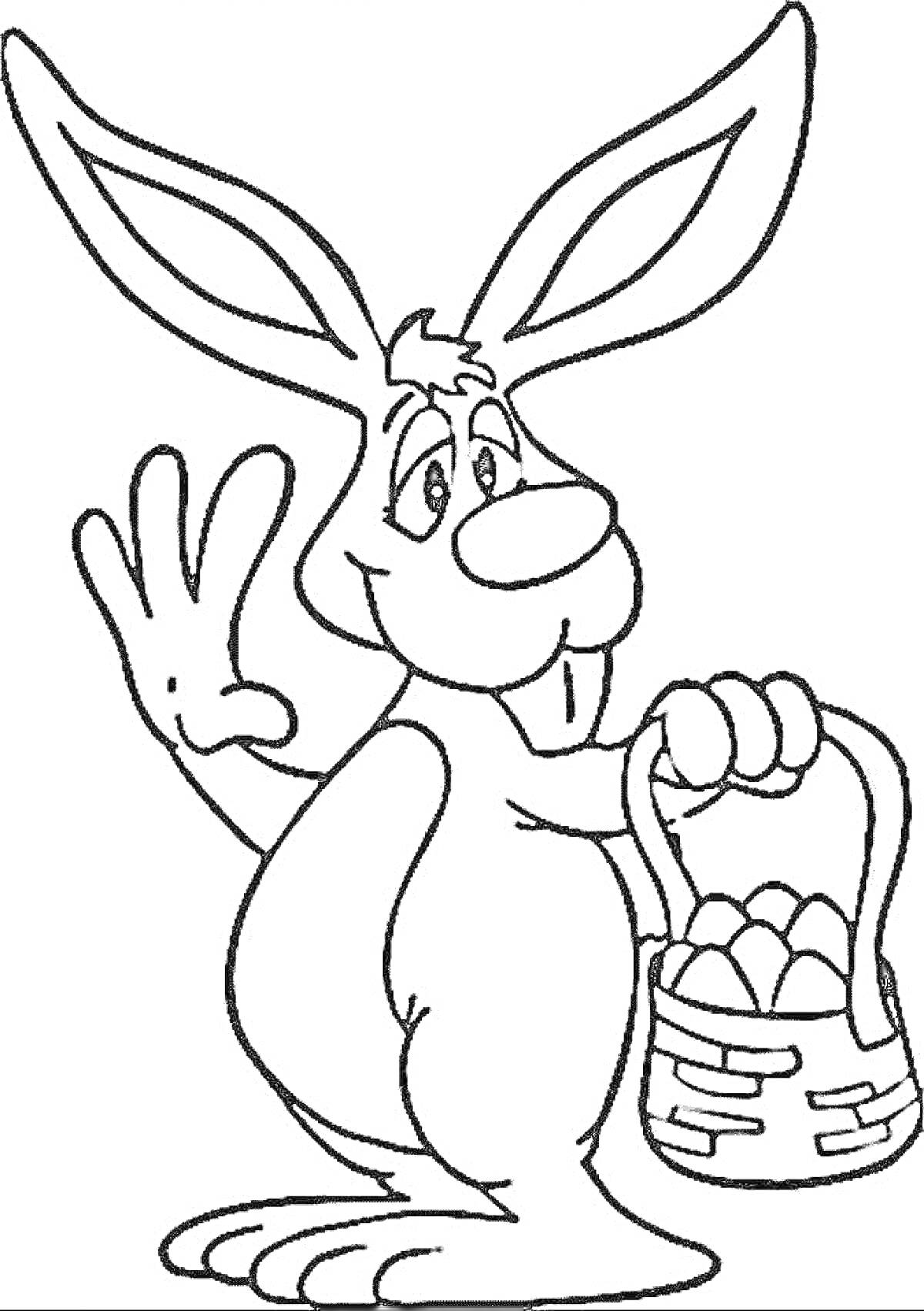 Раскраска Кролик с корзиной яиц и приветственным жестом