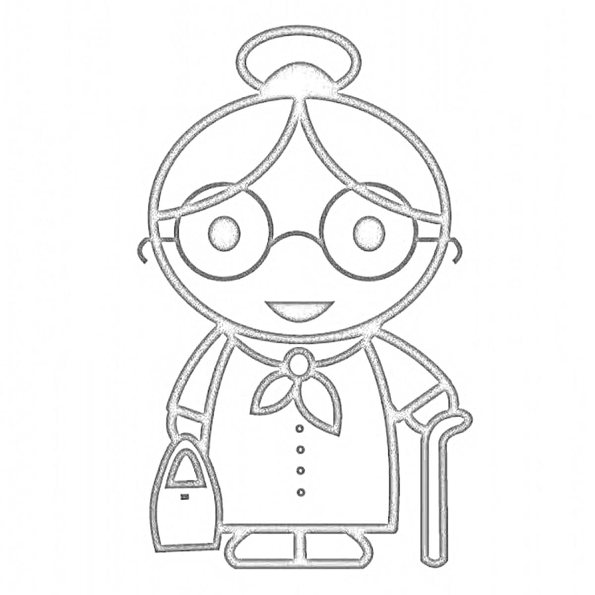 Раскраска Старушка с очками, сумкой и тростью