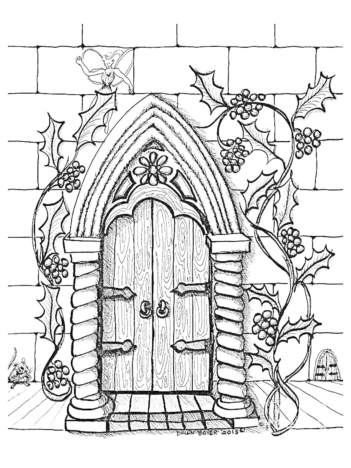 Раскраска Дверь в готическом стиле с декоративной аркой и растительным орнаментом, обвитая виноградными лозами. Петух на крыше здания.