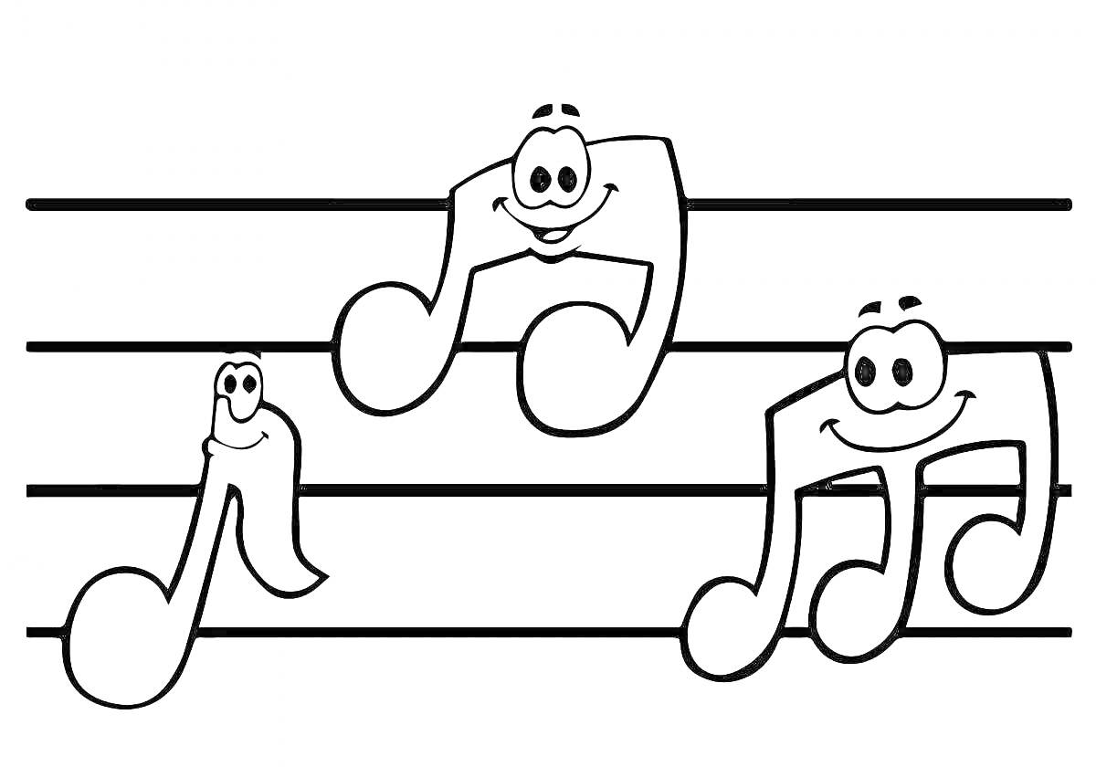 Раскраска Улыбающиеся ноты на нотном стане