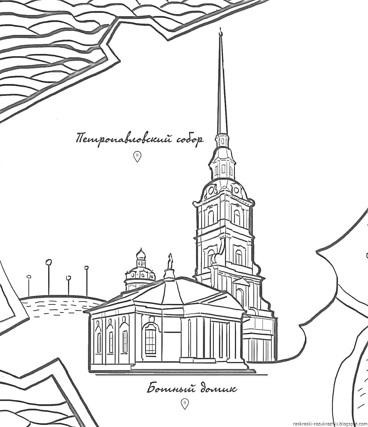 Раскраска Петропавловский собор на фоне карты с обозначенными элементами