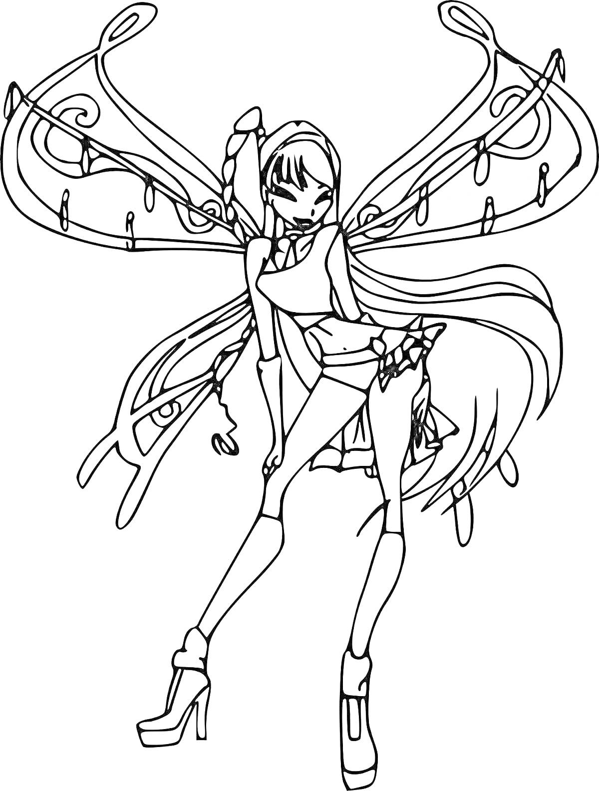 Раскраска Фея с длинными волосами и большими крыльями, в наряде Беливикс из Винкс Клуба