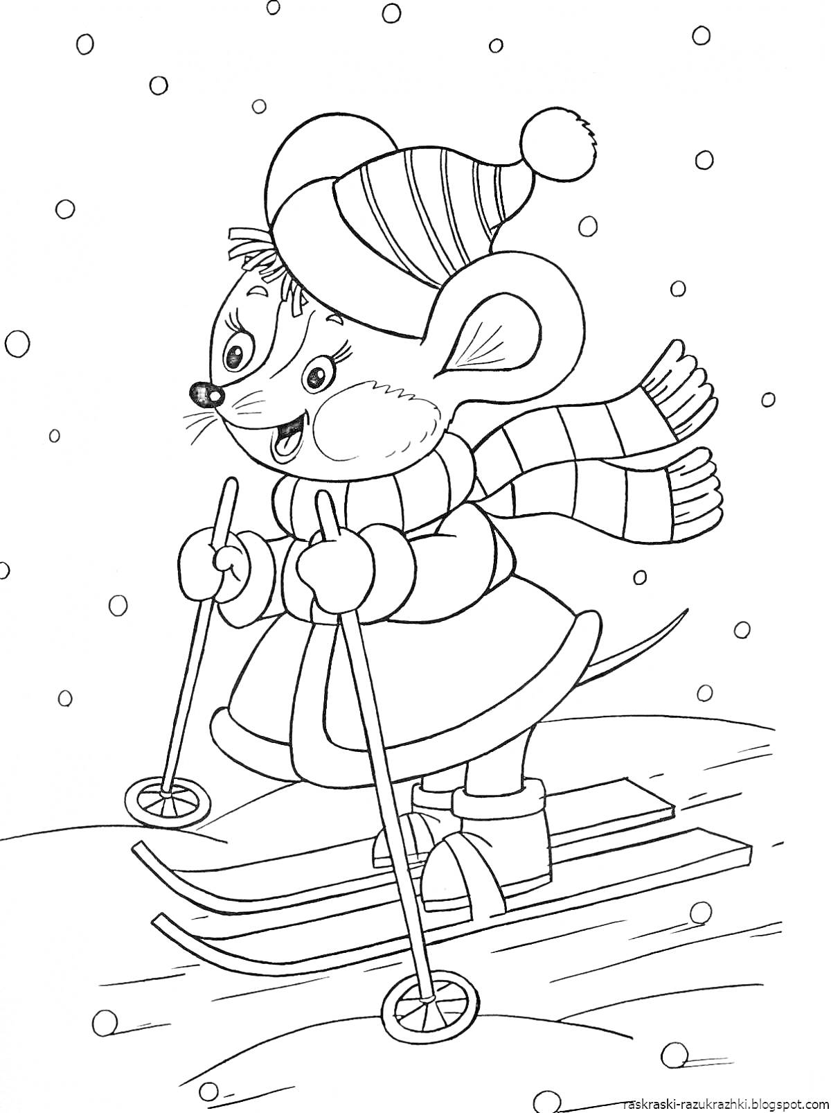 Раскраска Мышонок на лыжах в зимней одежде на фоне падающего снега