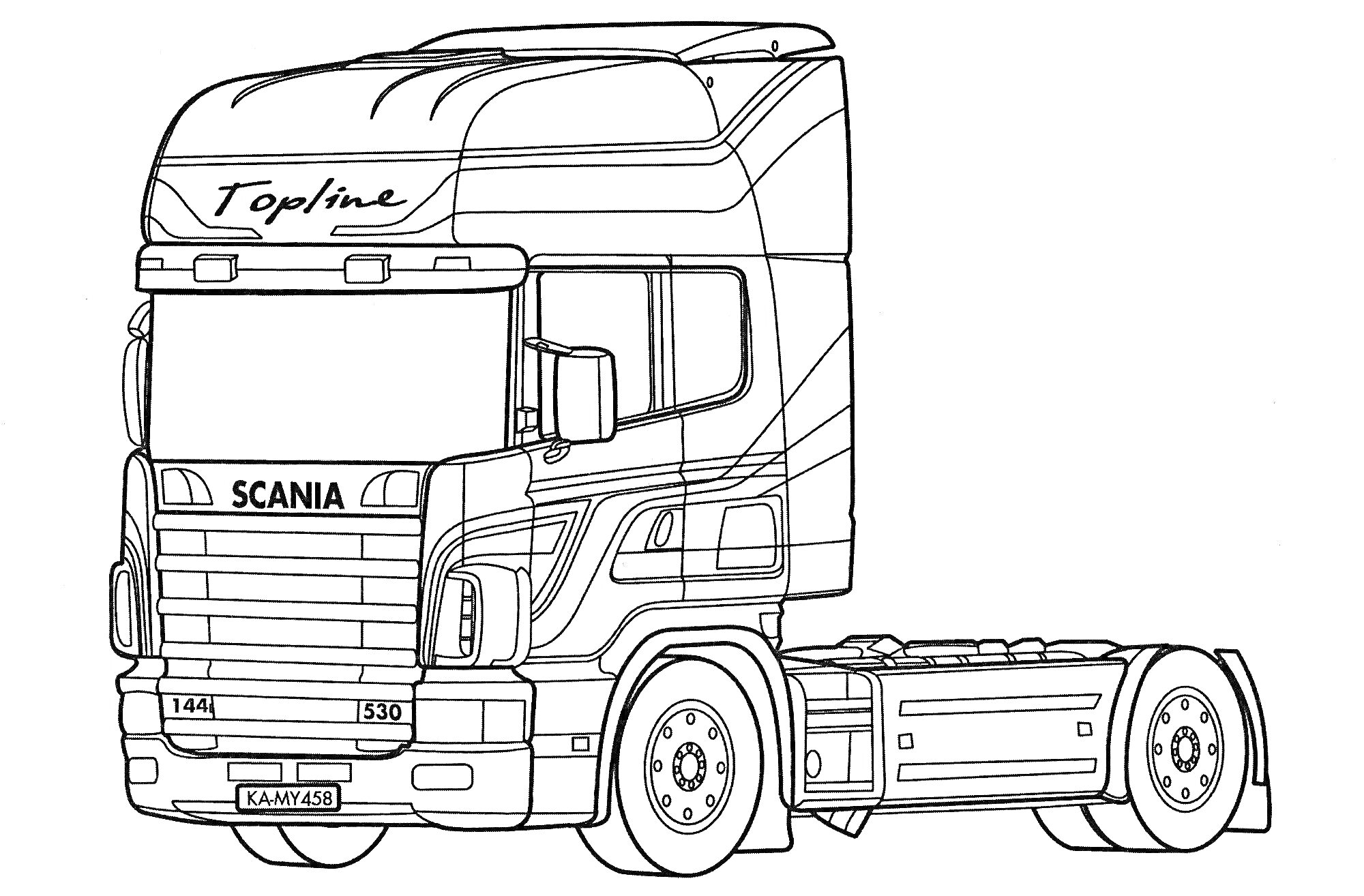 На раскраске изображено: Фура, Scania, Для мальчиков, Транспорт, Колёса