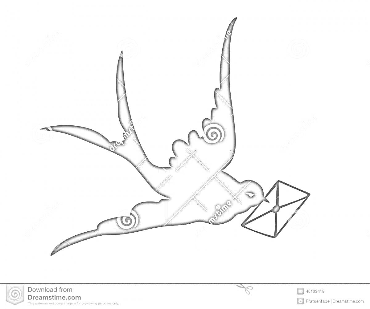 На раскраске изображено: Ласточка, Полет, Птица, Конверт, Солнце, Небо, Графика, Доставка
