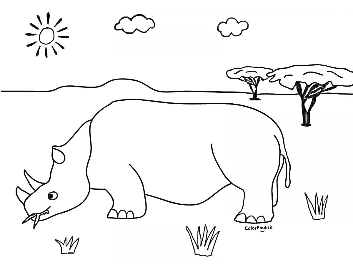 Раскраска Носорог пасётся среди травы в саванне, на фоне деревья и горы, солнце и облака