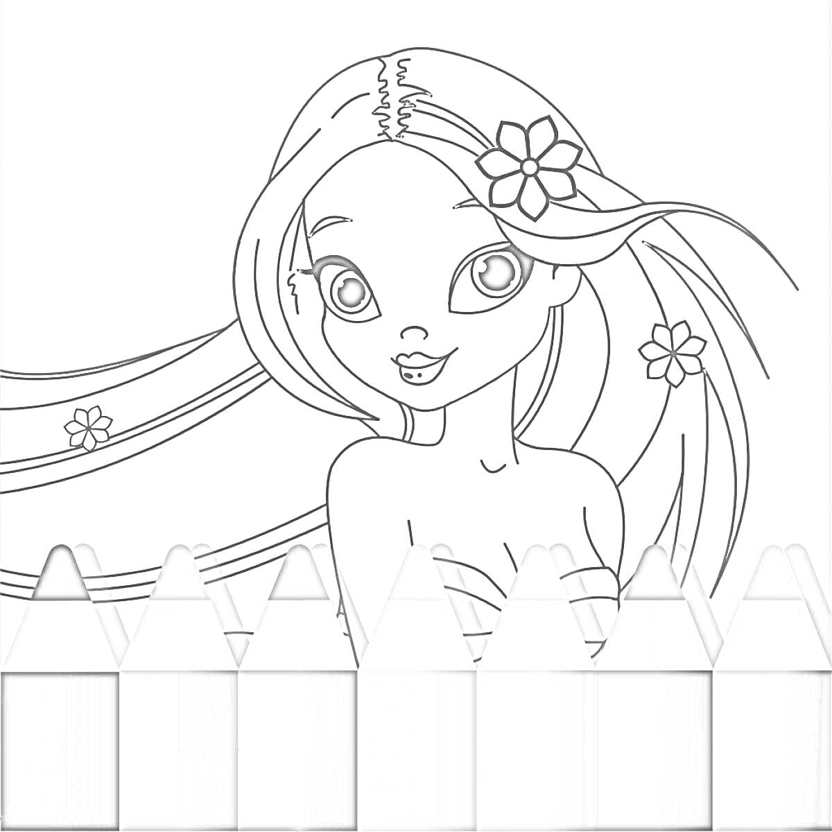 Раскраска Девушка с цветами в волосах и цветные карандаши